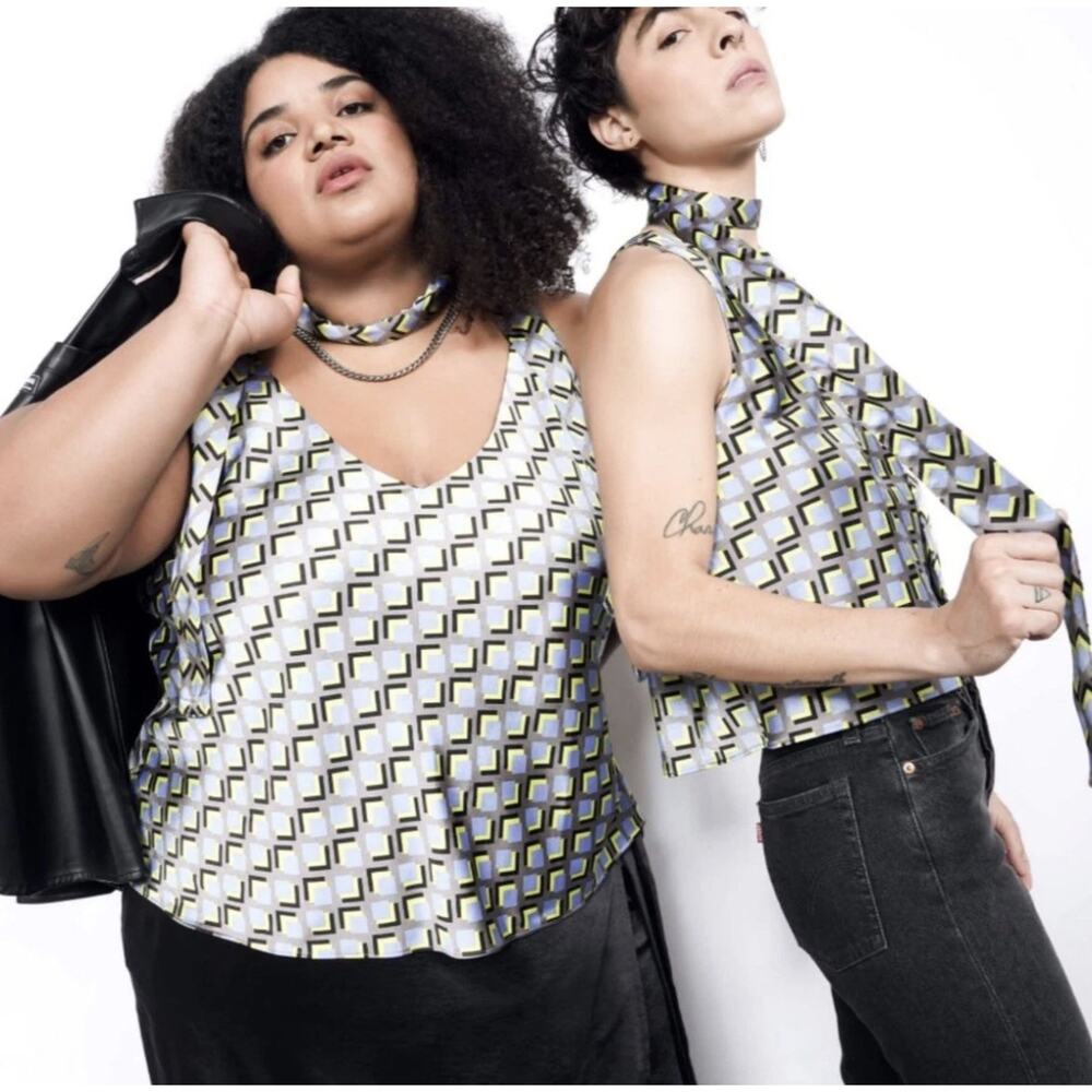 NEW Wildfang The Empower Satin Cami Tank Top Cubic Geometric Belted Size L NWT
